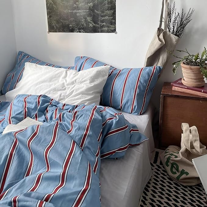 mixinni Vintage Blue & Red Striped Comforter Set Queen Size - Soft Cotton 3-Piece Bedding Set (1 Comforter + 2 Pillowcases), Retro Geometric Stripes Pattern, All-Season Lightweight & Breathable