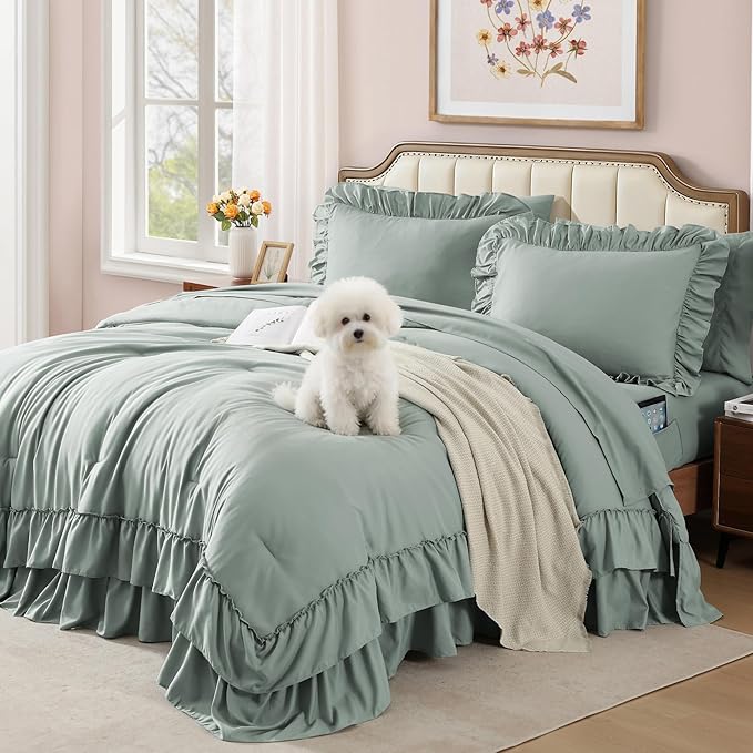Full Comforter Set Sage Green, Ruffle Shabby Chic Bedding Set Farmhouse 7 Pieces, All Season Fluffy Bed in a Bag with Sheets, Pillowcases & Shams