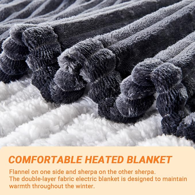Heated Blanket Electric Queen, Soft Flannel Heating Blanket with 8 Hours Auto Off 10 Fast Heating Levels Machine Washable Sherpa Heated Blanket with Overheating Protection