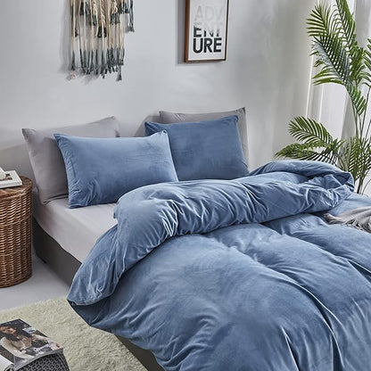 Cottonight Blue Velvet Comforter Set King Lake Blue Flannel Bedding Set Winter Warm Heavyweight Blanket Quilts Modern Winter Warm 3 Piece Comforter Set for King Bed