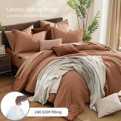 Monbix Super King Plus Size Comforter Set, Autumn Leaf Bedding Set Reversible, Comforter Set 7 Pieces, Cationic Dyeing Bed in a Bag with Comforter, Sheets, Pillowcases & Shams