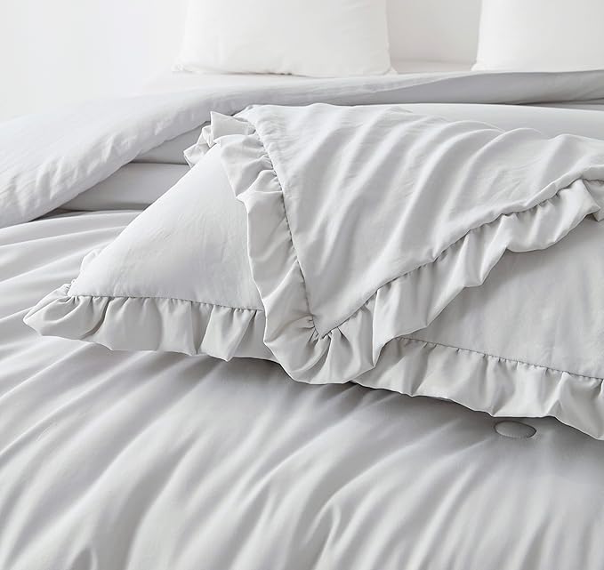 Chezmoi Collection Nora Light Gray Comforter Set Ovesized King 3-Piece Fluffy Soft Stone-Washed Ruffled Shabby Chic Bedding for All Season