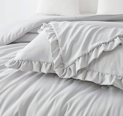 Chezmoi Collection Nora Light Gray Comforter Set Ovesized King 3-Piece Fluffy Soft Stone-Washed Ruffled Shabby Chic Bedding for All Season