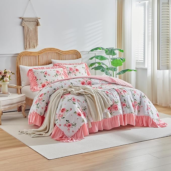 Flower Comforter Set Twin Size 68 * 86in - White Pink Floral with Green Leave Style -3 Pieces Shabby Chic Farmhouse Bedding with Ruffled Fringe Rustic Lightweight Fluffy Ruffle Comforter with Shams