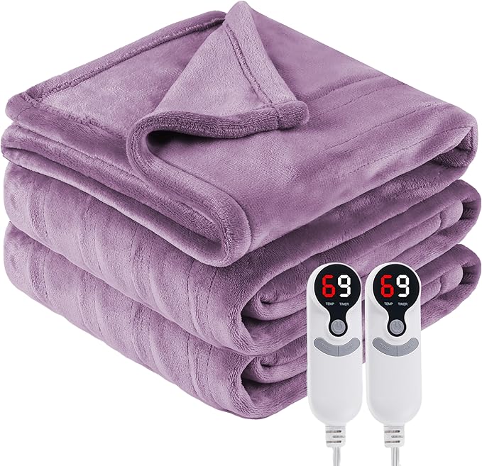 Electric Heated Blanket Queen Size 84"x90", Soft Plush Microplush for Bed, Dual Controllers & Heating Zones, 1-10Hs Auto Off & 6 Heating Levels, Machine Washable, Gifts for Family-Purple