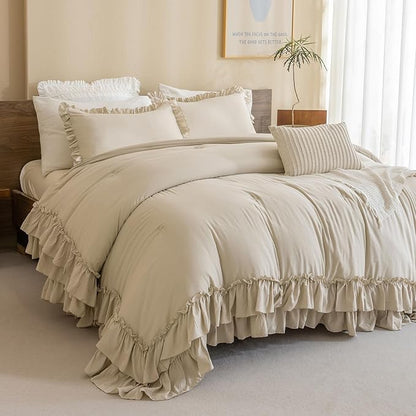 QSH Shabby Ruffled Comforter Queen Size, Farmhouse Wheat Bedding Comforter Set, 3 Pieces Lightweight Vintage Rustic Soft Comforter Queen for Bed, All Season Microfiber Fully Bedding Sets