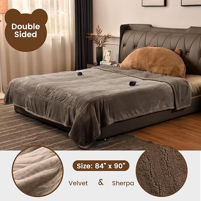 Bearhug Electric Blanket Queen Size 84" x 90", Dual Controllers Heated Blanket, Velvet & Sherpa, 10-Heating Level & 1-12H Auto Off, Taupe, Over-Heat Protect, ETL, Machine Washable