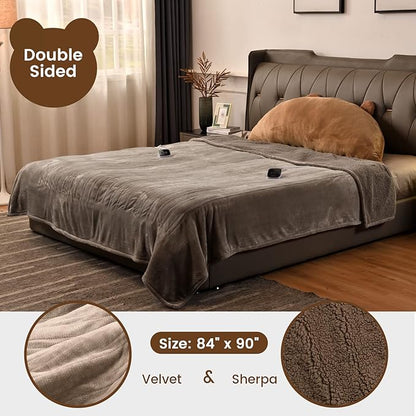 Bearhug Electric Blanket Queen Size 84" x 90", Dual Controllers Heated Blanket, Velvet & Sherpa, 10-Heating Level & 1-12H Auto Off, Taupe, Over-Heat Protect, ETL, Machine Washable