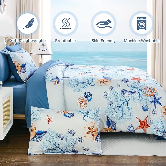 WONGS BEDDING Coastal Queen Comforter Set, 7 Pieces Beach Themed Ocean Sand Dollor & Starfish Pattern Bed in a Bag, Summer Bed Comforter Bedding Set(90"×90")