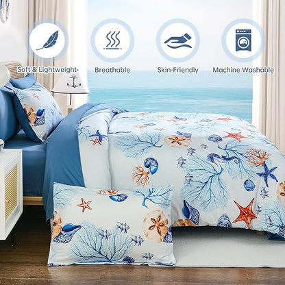 WONGS BEDDING Coastal Full Comforter Set, 7 Pieces Beach Themed Ocean Sand Dollor & Starfish Pattern Bed in a Bag, Summer Bed Comforter Bedding Set(78"×90")