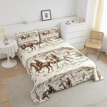 Erosebridal Western Comforter Set Queen Size Cowboy Bedding Set American Wild West Desert Hand Drawn Illustration Down Comforter Country Theme Bedroom Decor Duvet Set for Boys Men Teens