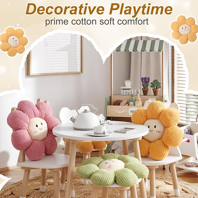 2 Pcs Smile Face Flower Pillows 15" Yellow Flower Throw Pillows Decorative Daisy Floor Seating Cushion Aesthetic Cute Seat Cushion for Bed Sofa Couch Home Decor Bedroom Living Room Chair