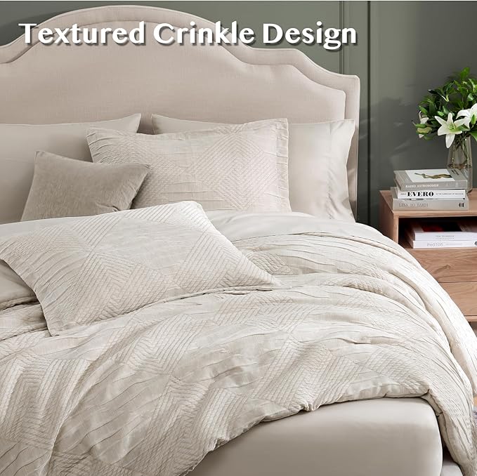 MaiRêve Queen Comforter Set Beige, Crinkle Textured Design Boho Bedding Set 7 Pieces Bed in A Bag, All Season Geometric Comforter Set with Sheets, Pillowcases & Shams