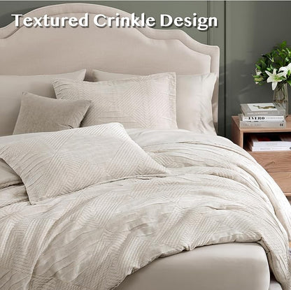 MaiRêve Queen Comforter Set Beige, Crinkle Textured Design Boho Bedding Set 7 Pieces Bed in A Bag, All Season Geometric Comforter Set with Sheets, Pillowcases & Shams