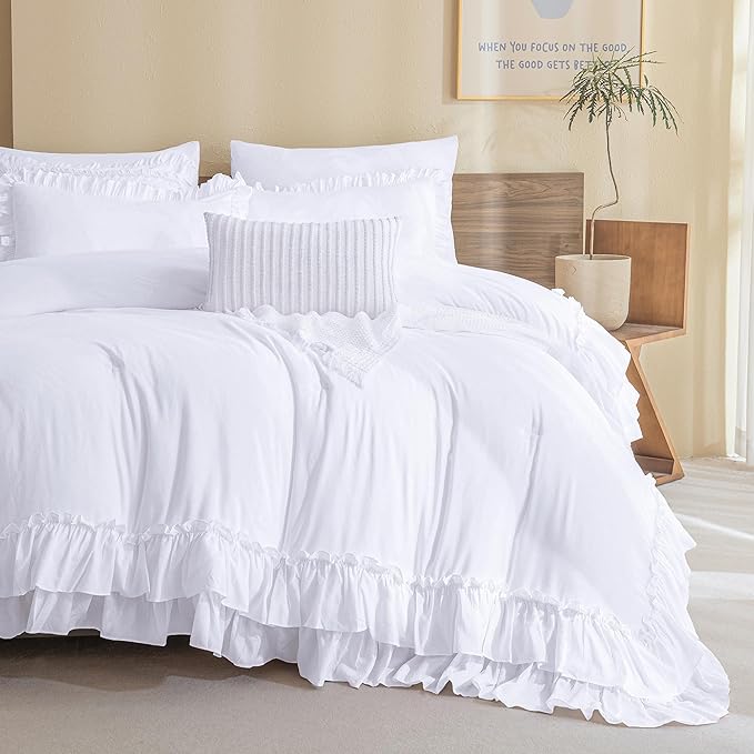 QSH White Farmhouse Ruffled Comforter Set King Size Shabby Boho Chic White Bedding Comforter King Lightweight Fluffy Ultra Soft Microfiber Inner Fill Bedding Set 3 Pieces