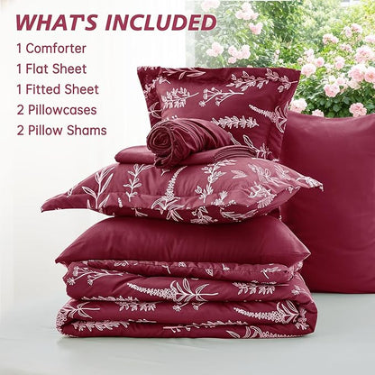 MUXHOMO Burgundy Full Comforter Set, Elegant Floral Print Bed in a Bag 7 Pieces, Ultra Soft & Breathable Reversible Botanical Pattern Bedding Set with Comforter, Sheets, Pillowcases, and Shams