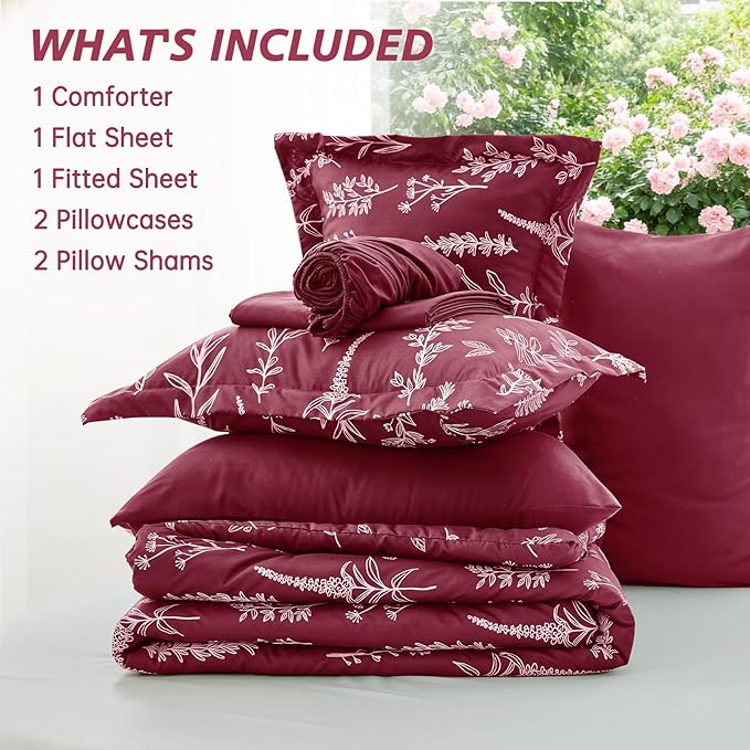 MUXHOMO Burgundy Bed in a Bag Queen 7 Pieces, Queen Comforter Set Reversible Botanical Flowers Design, Ultra Soft & Breathable Bedding Sets with Comforter, Sheets, Pillowcases & Shams