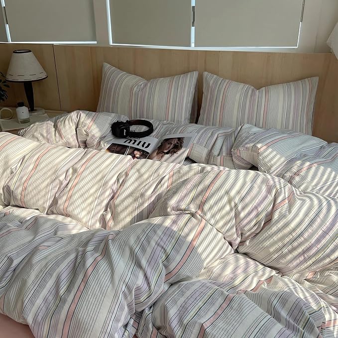 HighBuy King Size Comforter Set Pink Purple Stripes Pattern Comforter Vintage Striped Comforter Set Fluffy Lightweight,Washed Cotton Striped 3 Pieces Farmhouse Bed Comforter with 2 Pillowcases