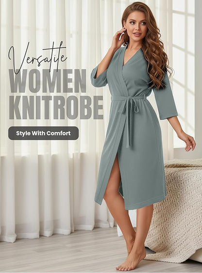 NY Threads Women's Robe Long Knit Bathrobe 3/4 Sleeves Soft Kimono Lightweight Loungewear