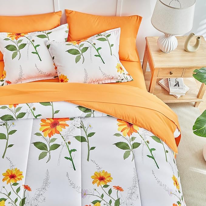 Joyreap 7 Piece Bed in a Bag King, Floral Comforter Sheet Set, Orange n Yellow Flowers on White Design, All Season Microfiber Bedding Comforter Set