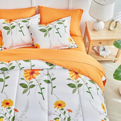 Joyreap 7 Piece Bed in a Bag Queen, Floral Comforter Sheet Set, Orange n Yellow Flowers on White Design, All Season Microfiber Bedding Comforter Set