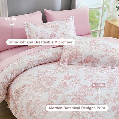DJY King Size Comforter Set, 7 Pieces Bed in a Bag King Pink Botanical Comforters with Sheets Elegant Plants Print Christmas Soft Microfiber Reversible Complete Bedding Sets for All Season