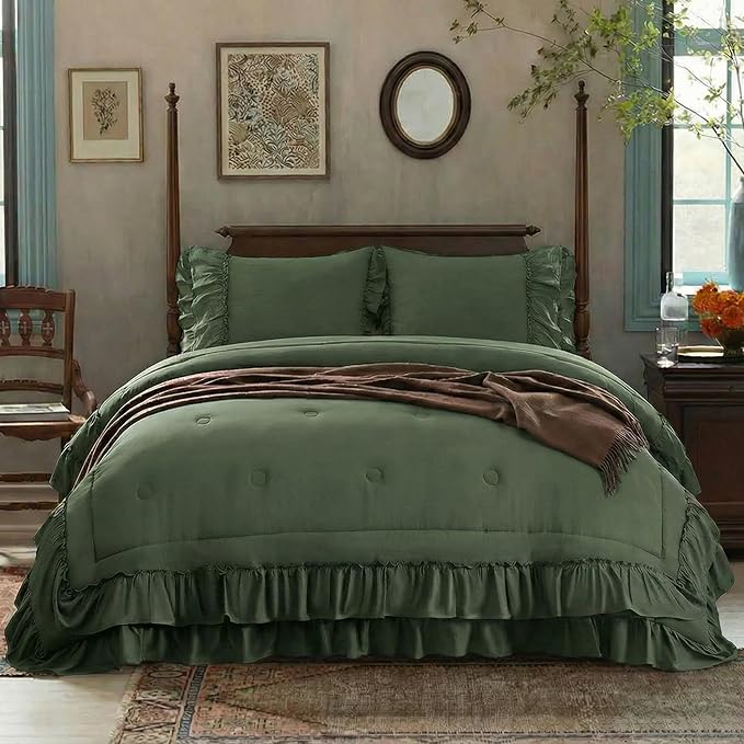Olive Green Comforter Set King Boho Bedding Set Shabby Chic 2 Layers Ruffled Bedroom Home Decor Ultra Soft Microfiber Farmhouse Down Comforter Bohemian Quilt Set