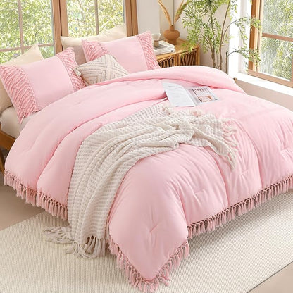 Andency Light Pink Comforter Set California King, 3 Pieces Boho Cal King Tassel Lightweight Soft Bedding Comforter Sets, Oversized Bed Set (104x96In Comforter & 2 Pillowcases)