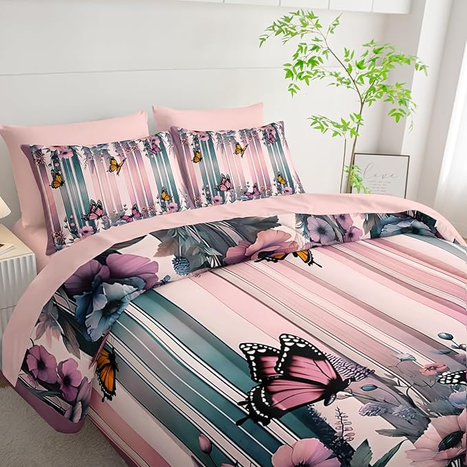 7 Piece Pink Butterfly Comforter Set Queen for Women，Butterfly Bedding Sets Queen 7 Piece，Butterfly Quilt Pattern，(1 Comforter, 1 Flat Sheet, 1 Fitted Sheet, 2 Pillowcase and 2 Pillow Sham)
