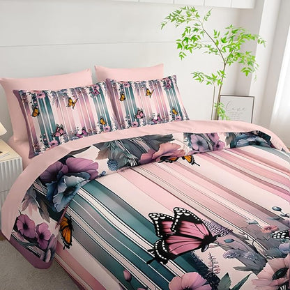 7 Piece Pink Butterfly Comforter Set Queen for Women，Butterfly Bedding Sets Queen 7 Piece，Butterfly Quilt Pattern，(1 Comforter, 1 Flat Sheet, 1 Fitted Sheet, 2 Pillowcase and 2 Pillow Sham)