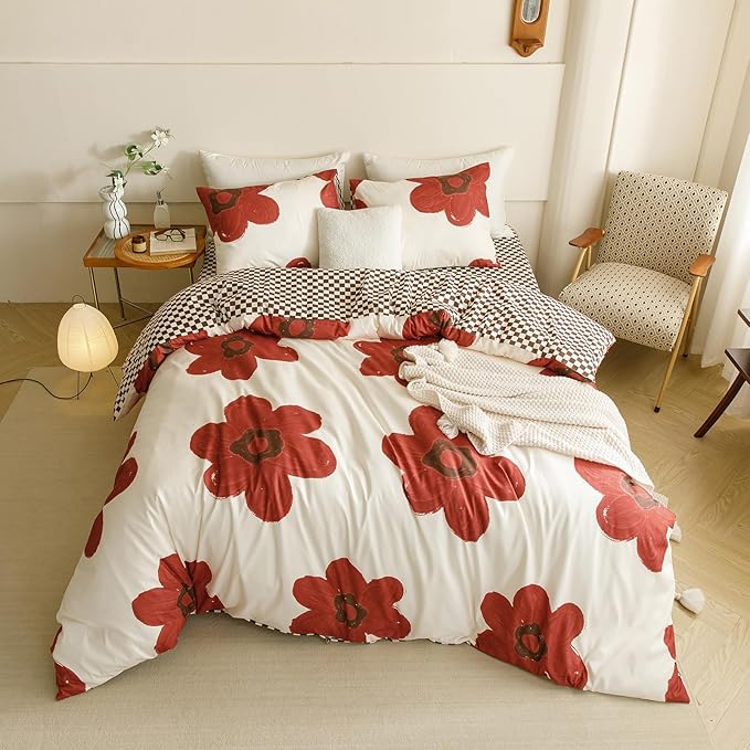 CLOTHKNOW Rust Sunflower Queen Comforter Set 3Pcs Floral Bedding Comforter Sets Brown Plaid Queen Comforter Botanical Queen Size Comforter Sets