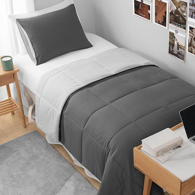 Reversible Box Stitch Comforter Set, 3-Piece King – Dark Grey/Light Grey – Stylish Bedding Set