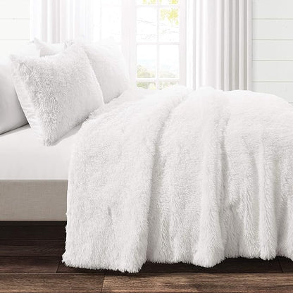 Lush Decor Emma Faux Fur Comforter King Size 3 Piece Set White - White Bedding Set King Comforters - Fluffy Comforter - Modern Decor