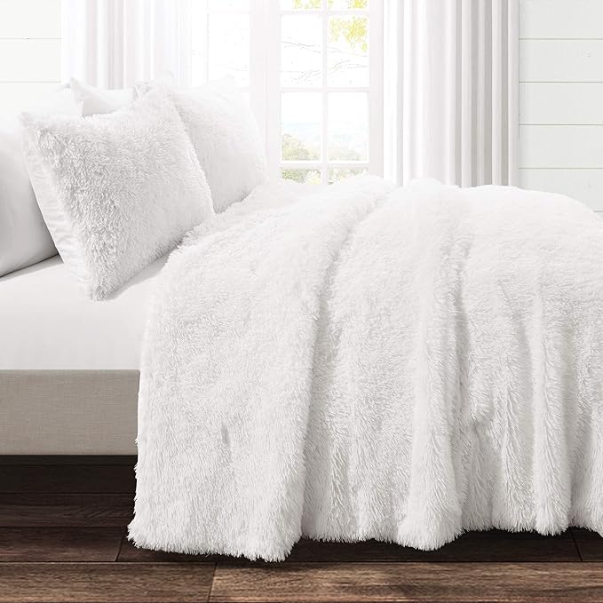 Lush Decor Emma Faux Fur Comforter Queen Size 3 Piece Set Full/Queen White - White Bedding Set Queen Comforters - Fluffy Comforter - Modern Decor