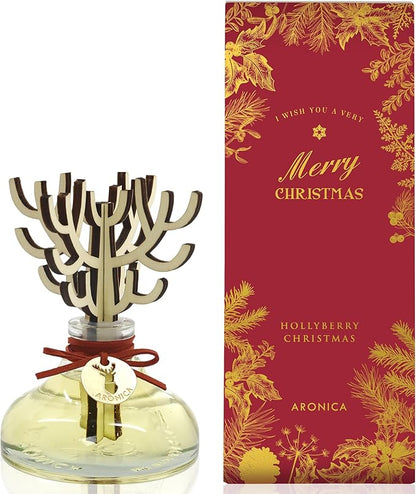 Aronica Christmas Diffuser - Hollyberry Scent, Burgundy Decorations Red Reed Diffuser, Cinnamon Smell Decor Apartment, Secret Santa Winter Scented Aromas Home, Modern Shelf Accents
