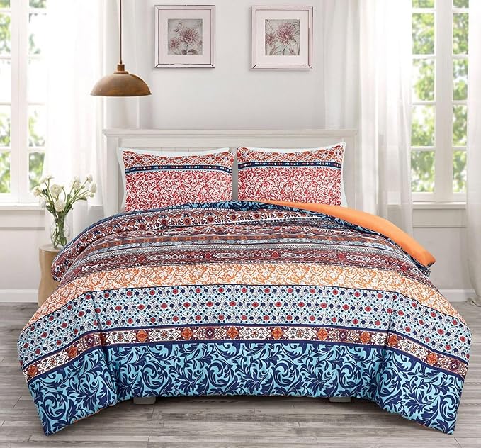 Chezmoi Collection Shore 3-Piece Boho Stripe Queen Comforter Set - Medallion Floral Colorful Navy Blue Orange Red White Bohemian Printed Microfiber Lightweight Bedding Comforter Set