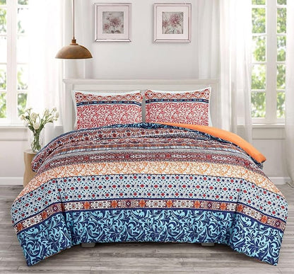 Chezmoi Collection Shore 3-Piece Boho Stripe Queen Comforter Set - Medallion Floral Colorful Navy Blue Orange Red White Bohemian Printed Microfiber Lightweight Bedding Comforter Set