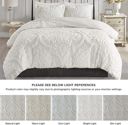 Madison Park Tufted Chenille Cotton Comforter, All Season Bedding Set, Matching Shams, Viola, Damask Off White Full/Queen(90"x90") 3 Piece