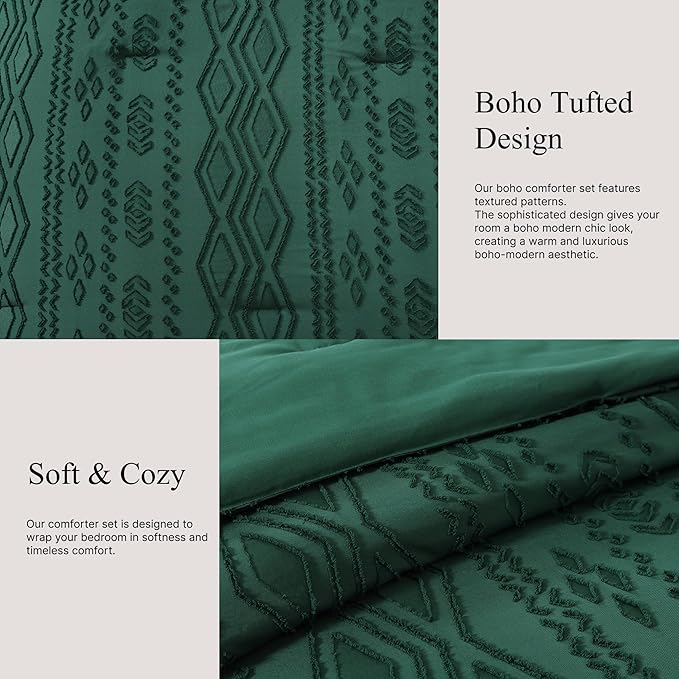 King Size Comforter Set Emerald Green, Tufted Boho Bedding Farmhouse Dark Green Bed Set, All Season 7 Pieces Bed in a Bag with Sheets, Pillowcases & Shams