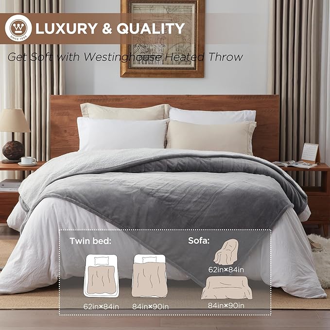 Westinghouse Heated Blanket Queen Size, Soft Flannel to Sherpa Electric Blanket with 10 Heating Levels, 12 Hours Auto Off, Fast Heating Blanket, Machine Washable, 84x90 Inch, Light Grey