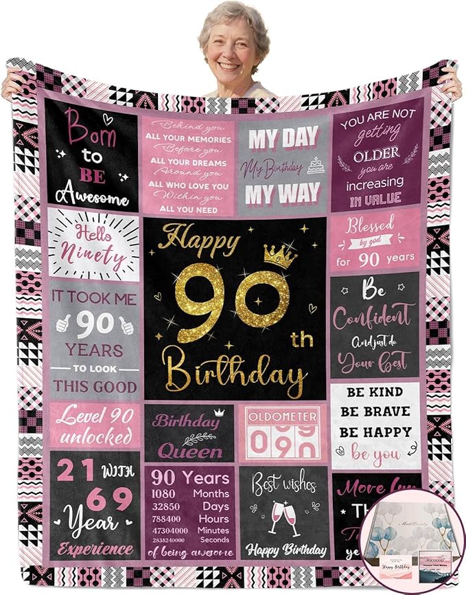 90 Birthday Gifts for Women, 90th Birthday Blanket with Gift Box for Women, Gifts for 90th Birthday, Happy 90th Birthday Decorations Gift Ideas for Her, 90th Birthday Gifts Throw Blanket 60"x50"