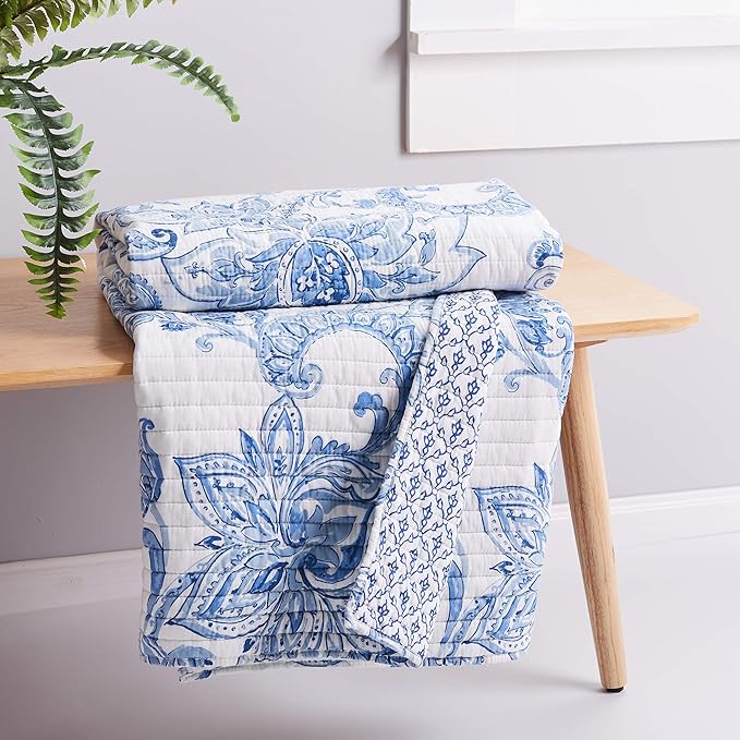 Levtex Home - Bennett - Quilted Throw - 50x60in. - Floral Paisley - Blue and White - Reversible Pattern - Cotton