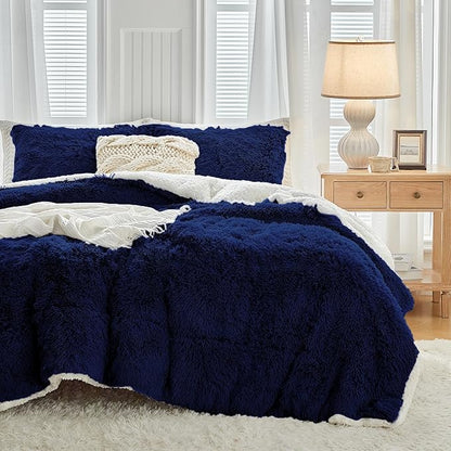 UOZZI BEDDING Navy Faux Fur Comforter Set Queen 3 Pieces - 1 Shaggy Comforter 90x90 with 2 Pillowcases - Ultra Soft and Easy Care Luxury Plush Warm Winter Fluffy Fleece Duvet Set