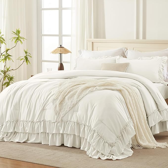 Andency Ivory Ruffle Comforter Set Oversized King, Shabby Chic Solid Bedding Set 3 Pieces, Lightweight Soft Bet Set 120x98 for Girls Women (1 Comforter 2 Pillowcases)