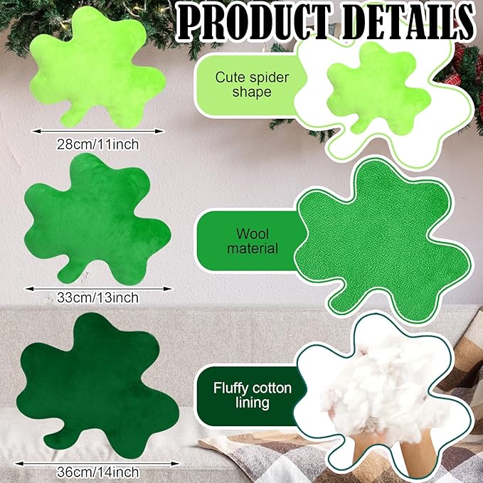 Huwena 3 Pcs St Patrick's Day Pillow Shamrock Shaped Plush Throw Pillows Green Stuffed Shamrock Decorative Cute Soft Saint Patrick's Day Decorations for Irish Office Couch Sofa Home Bedroom