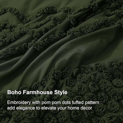 Luxudecor Olive Green Boho Tufted Comforter Set Full Size 3 Pieces Boho Shabby Chic Comforter Farmhouse Embroidery Bedding Set Soft Comforter for All Seasons (Olive Green, 80''x90'')