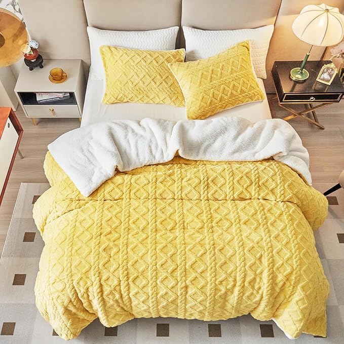 Joyreap 3-Piece Fluffy Faux Fur Sherpa Comforter Set, Twin Size Luxury Tufted Bedding Comforter Set, All Season Soft n Cozy Plush Comforter Bed Set- Yellow, 68x86 inches