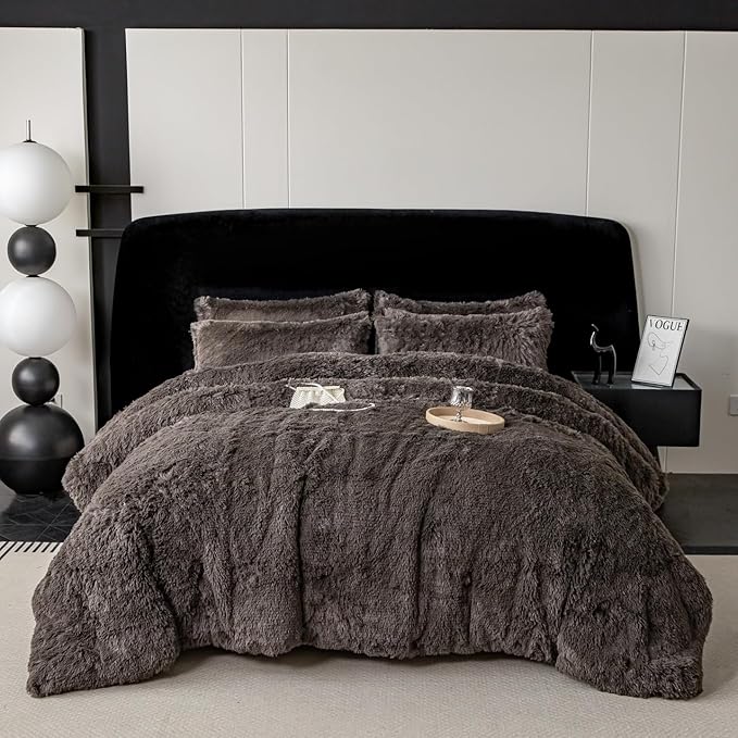 chovy Faux Fur Plush Gray Comforter Sets Twin/Full Size - Ultra Soft Shaggy Flannel Velvet Fluffy Fuzzy 3PC Bedding Set （Comforter x 1 Pillowcases x 2）