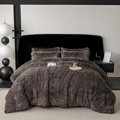 chovy Faux Fur Plush Gray Comforter Sets Twin/Full Size - Ultra Soft Shaggy Flannel Velvet Fluffy Fuzzy 3PC Bedding Set （Comforter x 1 Pillowcases x 2）