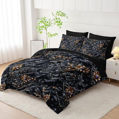 7 Piece Black and Gold Baroque Comforter Set Queen，Baroque Queen Bedding，(1 Comforter, 1 Flat Sheet, 1 Fitted Sheet, 2 Pillowcase and 2 Pillow Sham)，Baroque Gothic Bedroom Decor